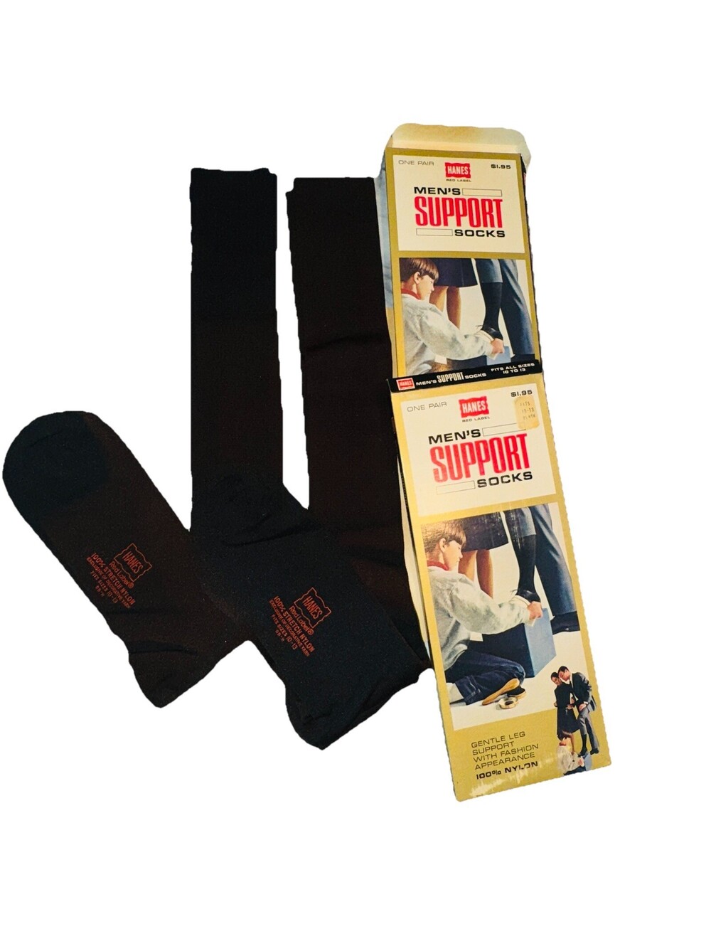 2 New 1960 Vintage Hanes Red Label Mens Support Socks Nylon Black Men's Ephemera